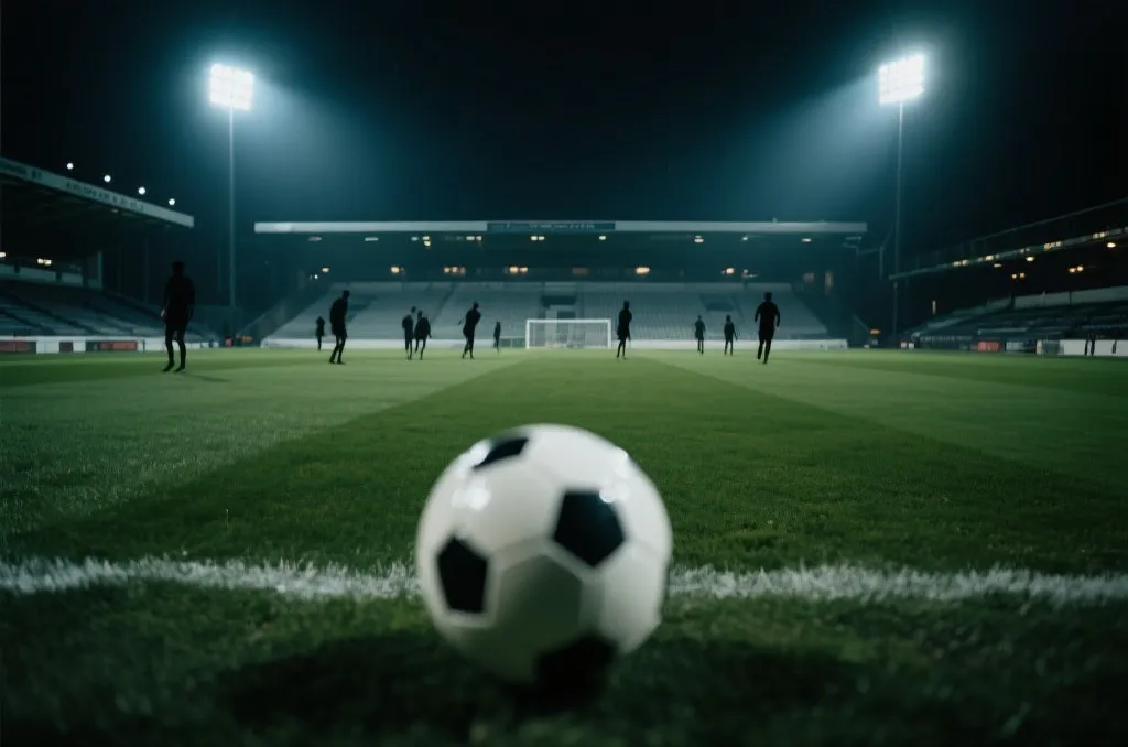 A generic soccer stadium pitch under bright floodlights at night with soccer ball in the foreground